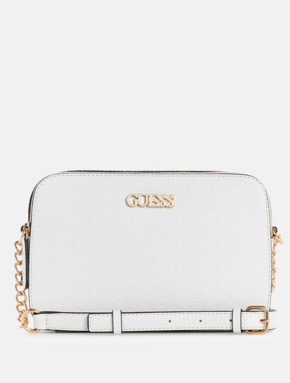 GUESS White Embossed Logo Crossbody with Gold Chain Strap